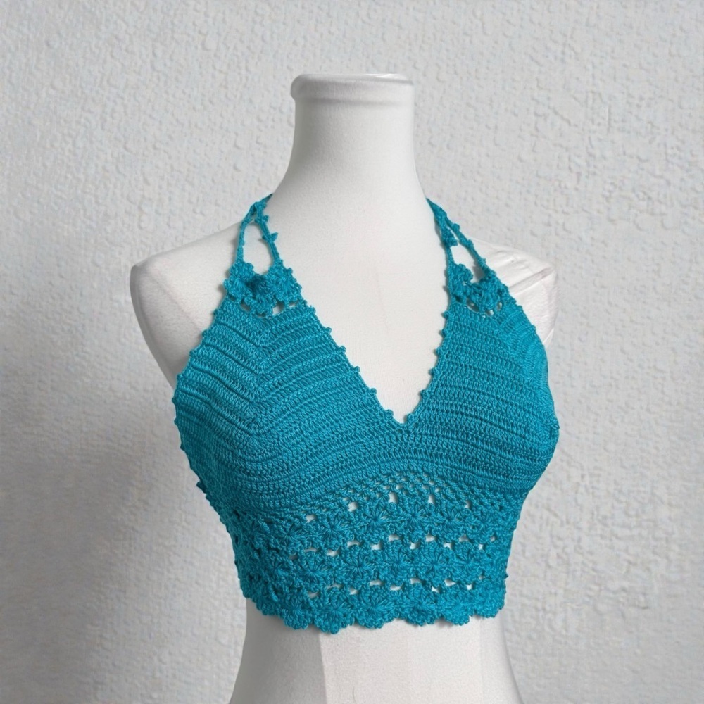 Handmade Crochet Halter Top | Teal Boho Fairycore Bralette | Cottagecore S/M